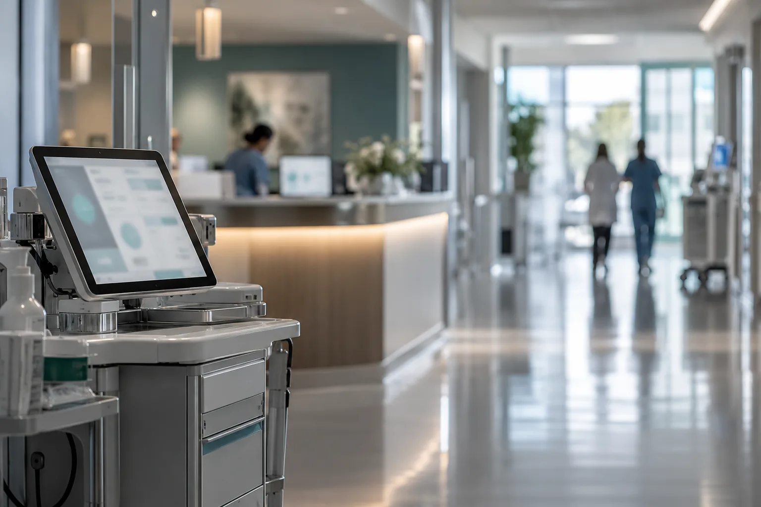 Hospital corridor with a tablet on a cart