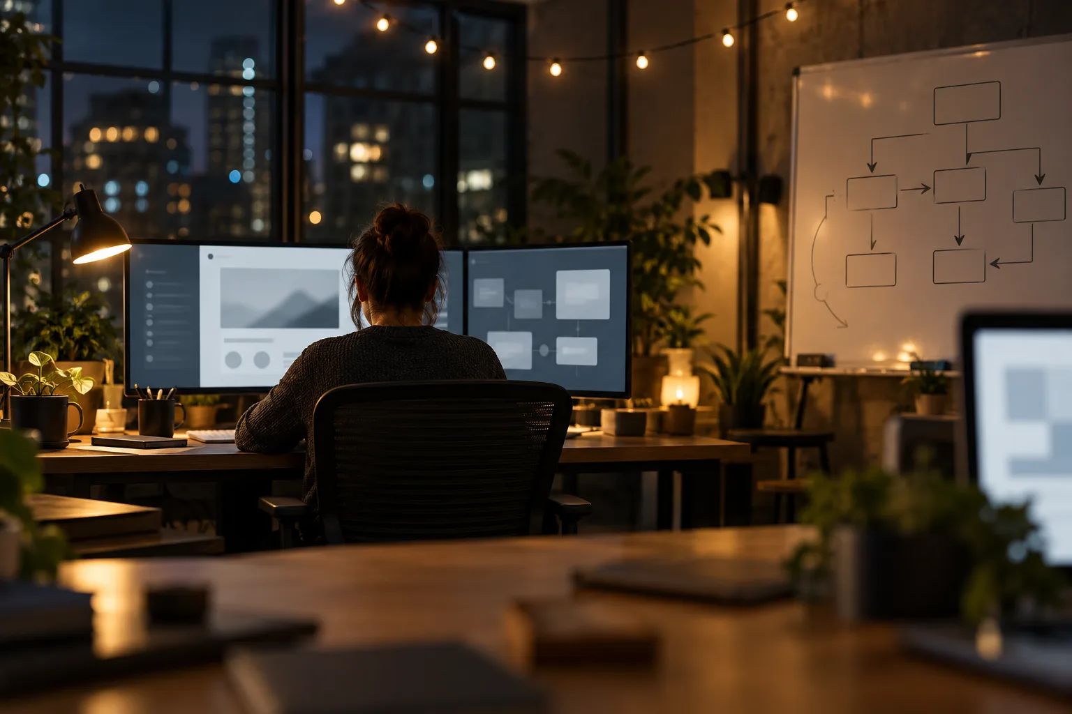 Small startup office at night with product UI on monitors