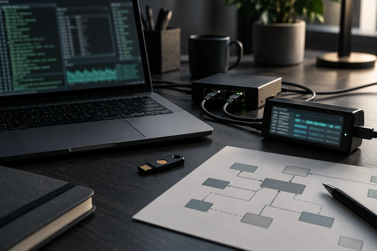 Security engineer's desk with hardware key and protocol analyzer