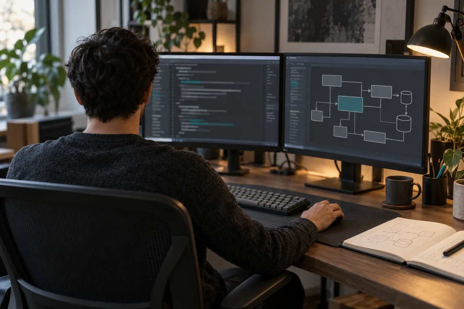 Engineer's desk with an architecture diagram on screen