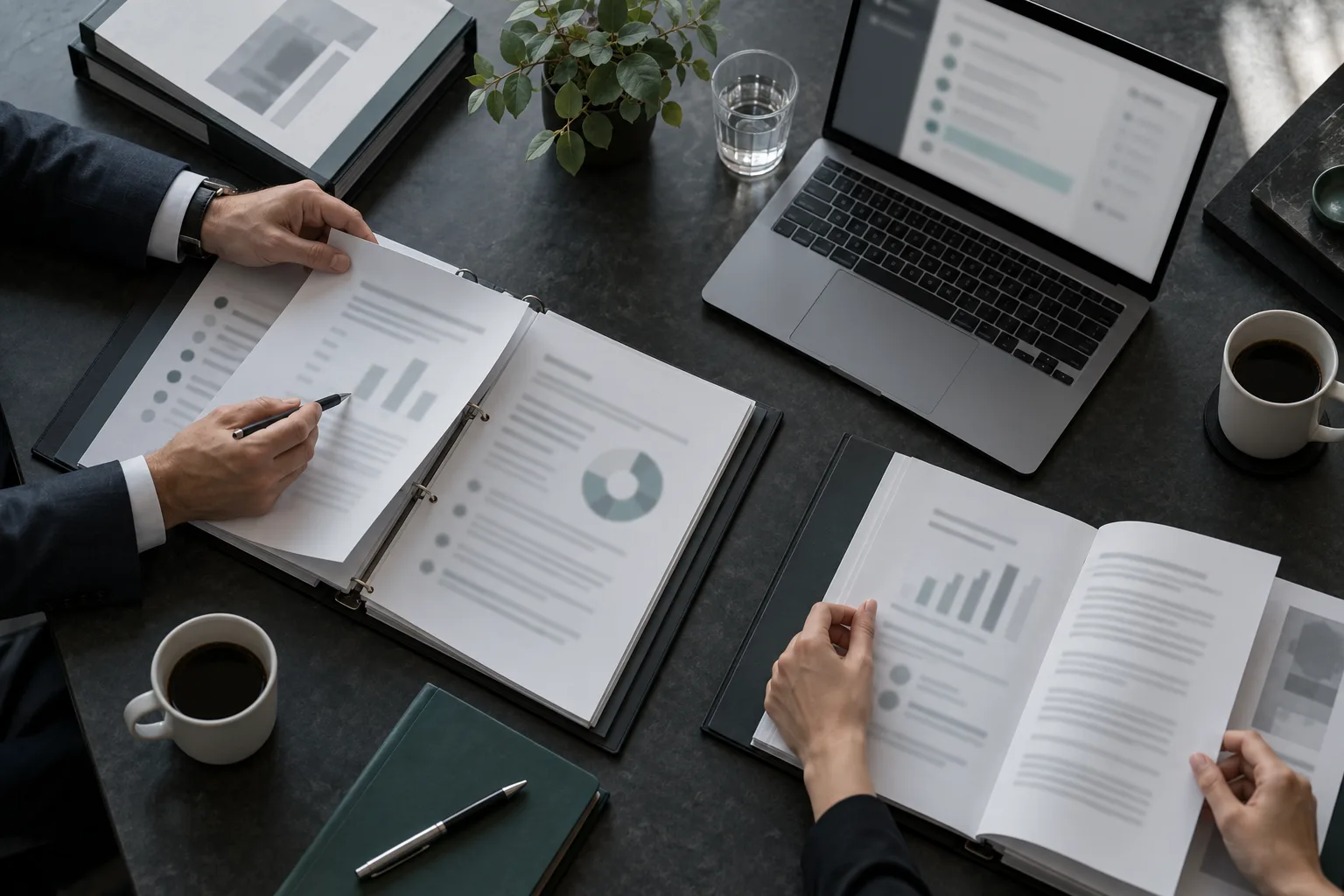 Audit binders and laptop on a conference table
