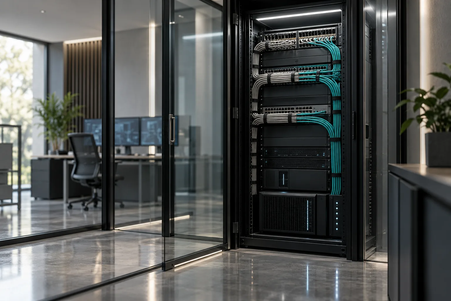 On-premises server rack with dressed cabling